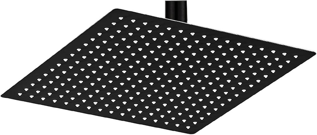 BESy 12 Inch Rain Shower Head, 12" Square Rainfall & High Pressure Stainless Steel Bath Showerhead, 1/16" Ultra Thin, Waterfall Full Body Coverage with Silicone Nozzle, Matte Black Finish