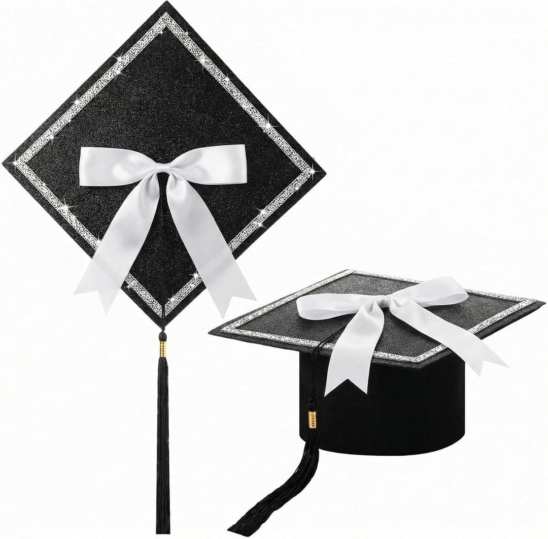 Dunzoom Black DIY Graduation Cap Decorations Kit Rhinestone Grad Cap Topper with Tassel White Bow Glitter Graduation Hat for Class of 2026 Graduate Ceremony Adult Grad Party Gift Art Craft