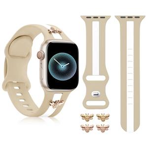 Silicone Band for Apple Watch Band 44mm 45mm 42mm with 2 Pairs of Bee Charms Decor RoseGold, Designer Sport Strap Gold for iwatch Bands Series 9 8 7 6 5 4 3 2 1 SE Ultra Women Girl-Khaki