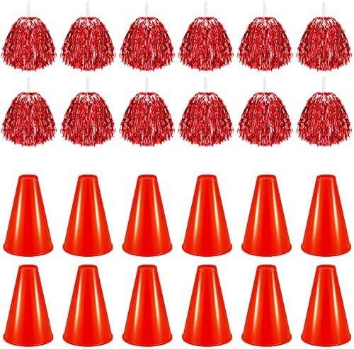 Sosation 24 Pieces Cheer Megaphone and Cheerleading Pom Poms for Noisemaker Party Favors Sports Cheering Megaphone Pompoms for Cheers Ball Dance Basketball Football Game Outdoor Activities