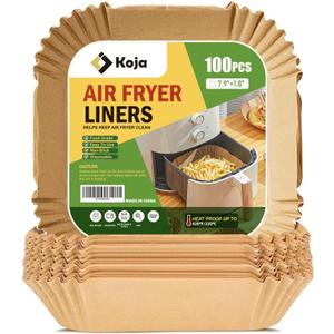 Koja 100 Pcs Disposable Parchment Air Fryer Liners, Non-Stick Greaseproof Paper, Square 8 Inch Baking Paper Liners for Air Fryer, Microwave, Oven, Steamer, Easy Clean, Heat Resistant Accessories