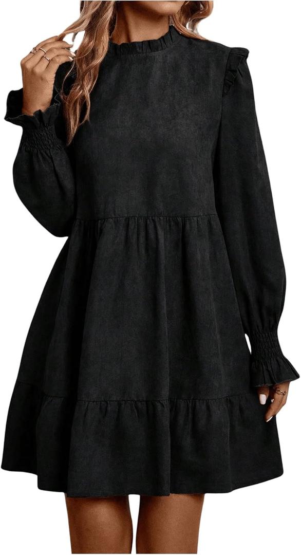 MakeMeChic Women's Ruffle Smock Dress Long Sleeve Mock Neck Shirred Frill Trim Short Dresses (Medium)