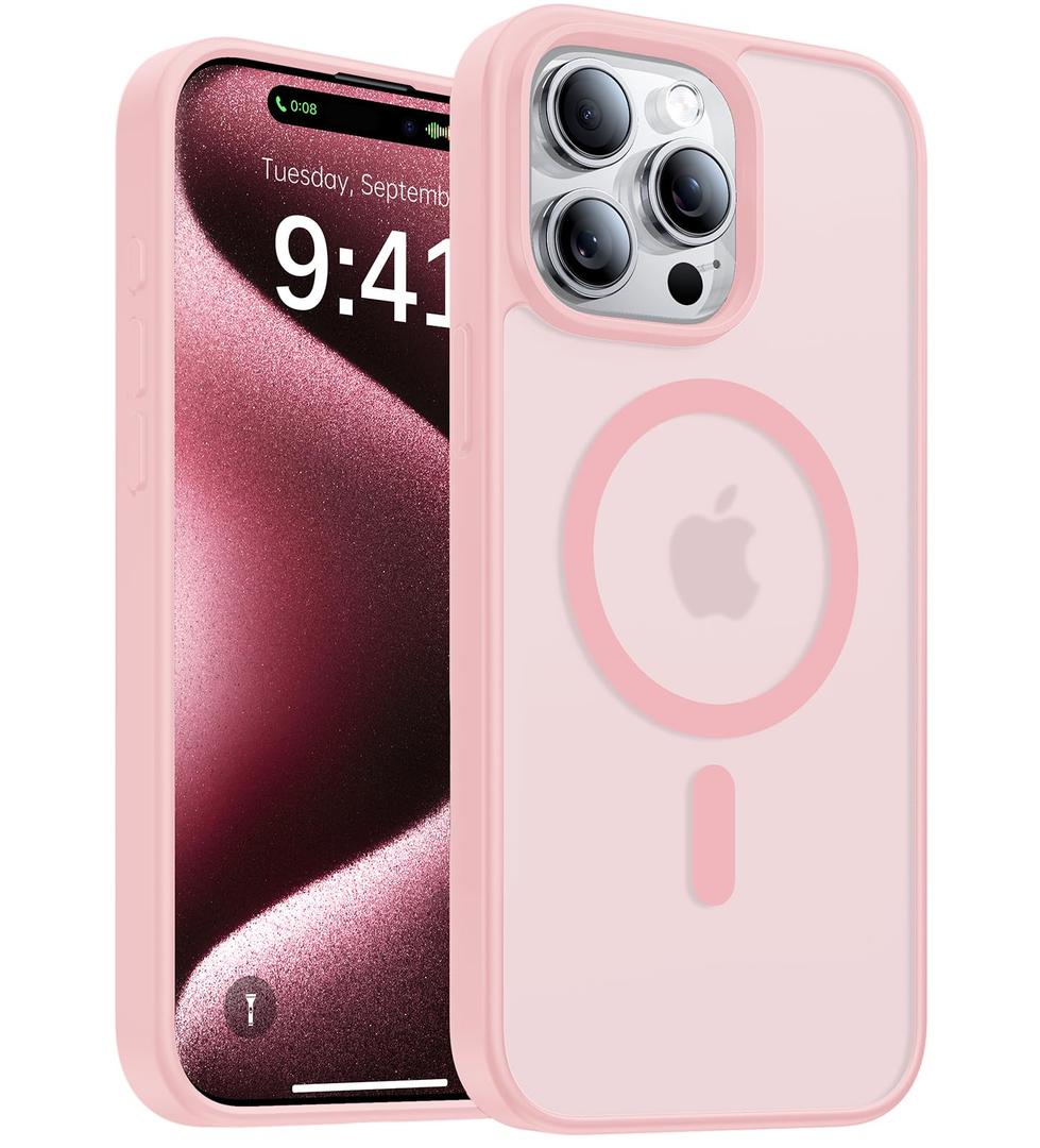KCQNine Magnetic for iPhone 15 Pro Max Case[Compatible with MagSafe][Military-Grade Drop Protection][Anti-Yellowing]Shockproof Protective Translucent Matte Cover for iPhone 15 Pro Max Phone Case,Pink