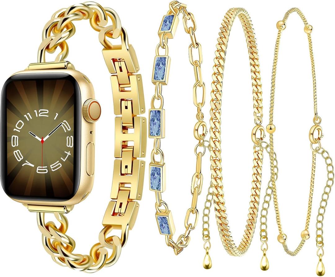 VIQIV Gold Watch Band and 3PCS Bracelets Stack Set for Women Compatible with Apple Watch 44/45/46/49/38/40/41/42mm Slim Stainless Steel Metal Straps for iWatch Series 11 10 9 8 7 6 5 4 3 SE Ultra 3 2