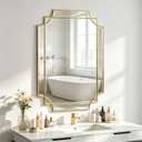 Gold Beveled Mirror, 36"x24" Geometric Art Deco Wall Mirror with Wood Frame, Modern Aesthetic Rectangle Mirrors for Living Room Bedroom Hallway Entryway, Horizontal or Vertical Hanging