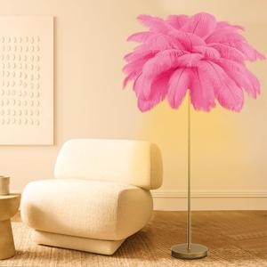 Feather Floor Lamp, 50 Pieces Fluffy Ostrich Feather Floor Lamp for Bedroom, 3 Color Temperatures Led Corner Modern Floor Lamps for Living Room Christmas Home Decor House Warming Gifts, 63″ Height(Pink)