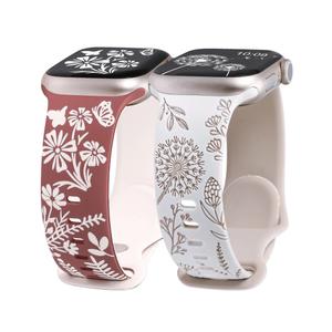 Wearlizer 2 Packs Floral Engraved Compatible with Apple Watch Bands 38/40/41/42/44/45/46/49mm Women, Cute Two-Tone Soft Silicone Strap for iWatch Series 11 10 9 8 7 6 5 4 3 SE/Ultra 3 2 1