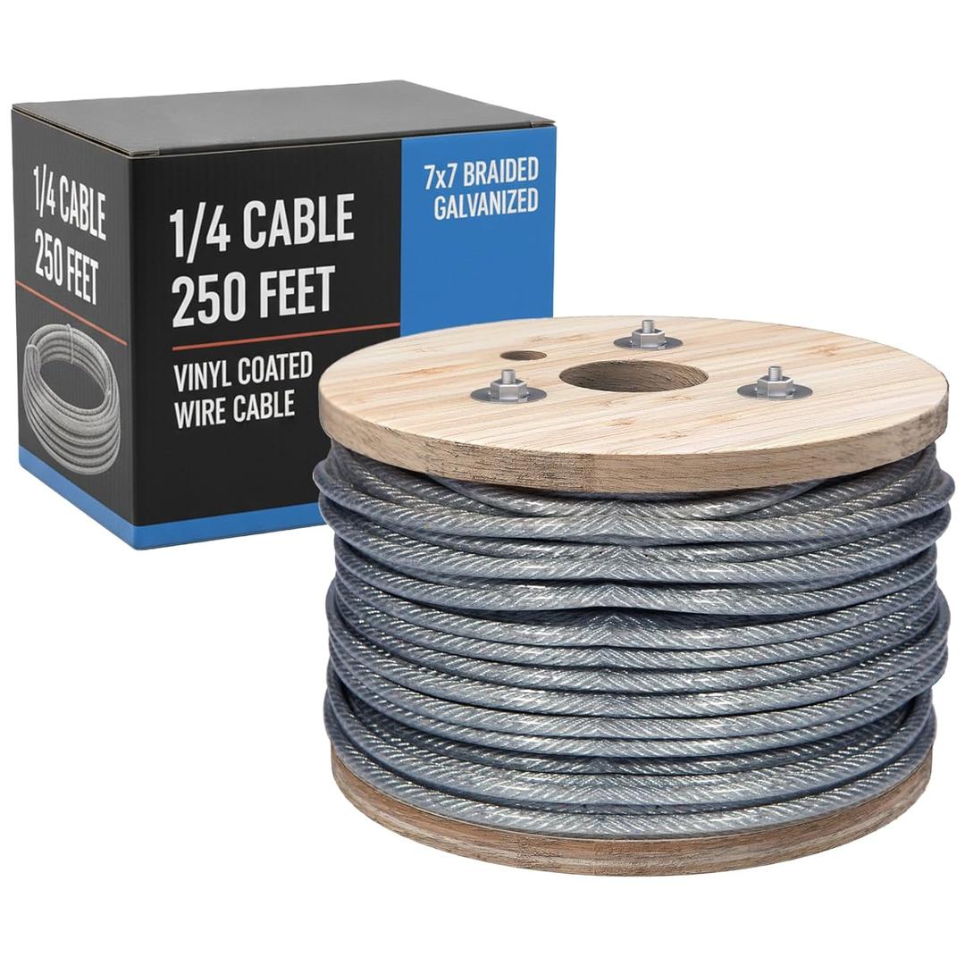 Houseables 1/4 Cable, Wire Rope, 1/4" OD, 0.149" ID, 7x7 Braided, Coated Cable, Vinyl Coated Wire Rope, Clothes line, Clothesline, Aircraft, Tension, Galvanized Metal, Steel, Plastic Covered, 250 Feet (Silver)