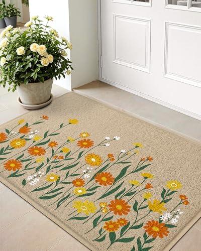LUMI Spring Floral Door Mat, Low Profile Thin Mesh Doormats, Dirt Trapper Stain Resistant Welcome Mats, Waterproof Outside Mat for Home Decor, 24"x35", Daisy