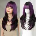 7JHH WIGS Long Straight Purple Synthetic Wig with Bangs 25inch Layered Hair Tail Dye Black Heart Resistant Synthetic Fiber Natural Looking Wigs for Women Party Cospaly and Daily Used