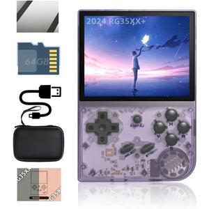 RG35XX 2024 Handheld Game Console 3.5 inch IPS Retro Games Consoles Classic Emulator Hand-held Gaming Console Hand Held Video Games System with Portable Case 64GB Transparent Purple