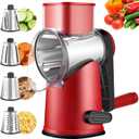Rotary Cheese Graters with 4 Blades, Large Hand Crank Cheese Grater with Waffle Slicer, Red Cheese Shredder with Suction Base, Easier for Shredding & Grating (Red and Black, 4 Graters)