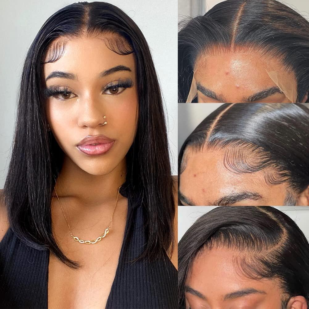 Flady 14 inch Bob Wig Human Hair 13x4 HD Lace Front Wigs Human Hair Pre Plucked 150% Density Straight Human Hair Bob Wig Glueless Short Bob Frontal Wigs For Black Women