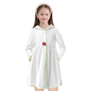 Girls Swim Cover Up Bathrobe Toddler Hooded Terry Cloth Beach Kids Towel Robe Coverups Pool White Wraps (6Y)