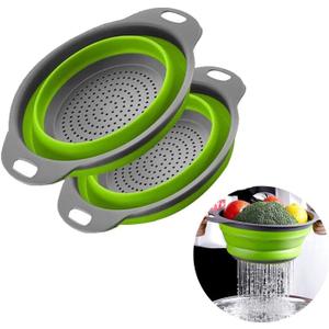 2pcs Collapsible Colander, Round Green Set Folding Silicone strainers for Kitchen, Collapsible Funnel Suitable for Draining Pasta, Vegetables and Fruits, Small
