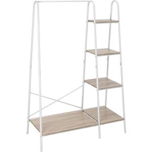 Finnhomy Metal Clothes Closet Rack, Clothing Rack for Hanging Clothes White Heavy Duty Garment Rack with 5 Wood Shelves Freestanding Portable Closet Organizer for Bedroom/Entryway/Boutiques