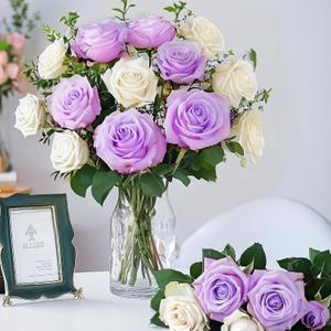 20PCS Artificial Roses with Long Stems - Realistic Silk Flowers, Fake Roses Real Touch Bouquet of Roses for Home Decor, Bridal Wedding Party Table Centerpieces, Bulk Faux Rose Flowers (White Purple)
