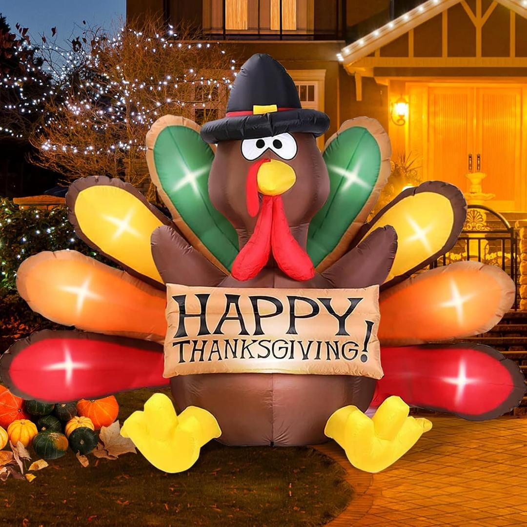 MICOCAH 6FT Thanksgiving Inflatables Turkey Decor with Pilgrim Hat & Colorful Tail, Build in LEDs Blow up Turkey Inflatable Outdoor Indoor Lawn Yard Thanksgiving Decorations - Autumn Holiday Harvest