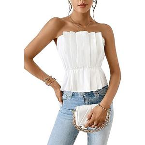 SweatyRocks Women's Strapless Pleated Tube Top Elegant Summer Flare Hem Crop Tank Tops, Large