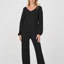 MEROKEETY Women's 2 Piece Outfits Long Sleeve V Neck Knit Pullover Tops and Wide Leg Pant Lounge Set (Black, S)