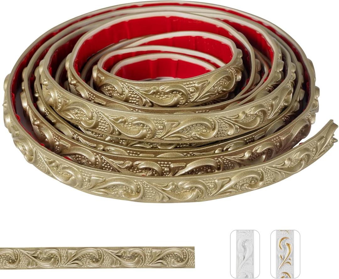 0.8" x16.4FT Champagne Gold Crown Molding Trim - Peel and Stick 3D Floral Wall Trim for Mirror Frames, Furniture & Ceiling Decor (Self-Adhesive PVC)