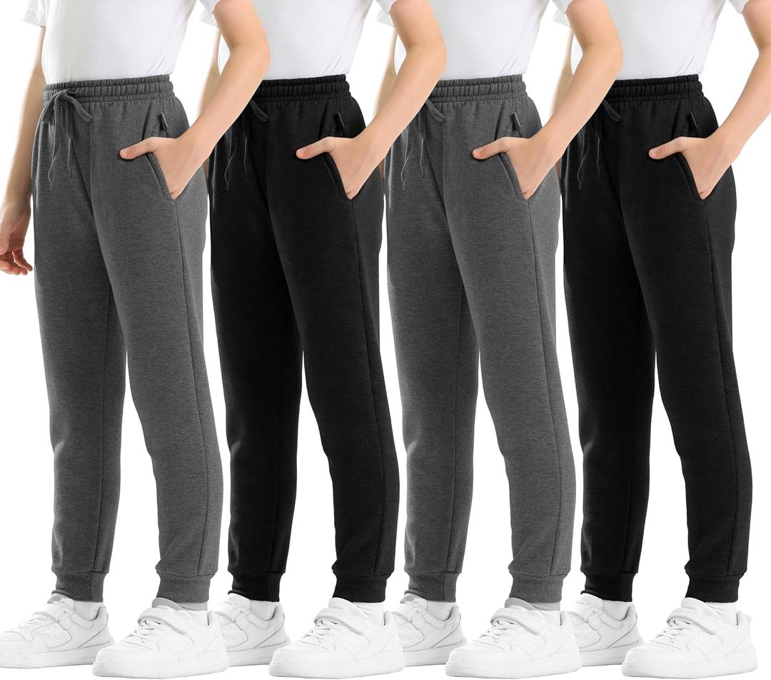 Rolimaka 4 Pcs Boys Sweatpants Soft Fleece Lined Youth Basic Athletic Jogger Pants with Pockets Trousers for Boys (X-Small, Black/Charcoal/Heather Grey/Navy)