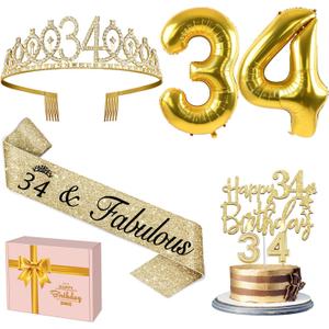 34th Birthday Decorations for Women Gold with 34th Birthday Sash and Crown, Cake Topper and Candles, Number Balloons, 34 Year Old Gifts for Women