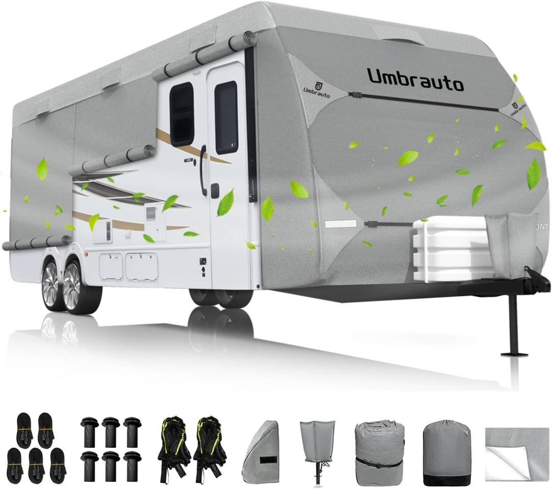 Umbrauto RV Cover 18-20ft: 7 Layers Travel Trailer Cover, Waterproof Camper Cover, Toy Hauler Cover with Tongue Jack Cover, Extra Windproof Ropes, Gutter Covers