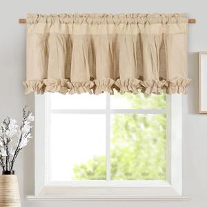 Likiyol Linen Valances for Windows Farmhouse Window Valances with Ruffle Rustic Country Light Filtering Kitchen Valance Curtains Rod Pocket Valance for Bathroom Cafe, Linen, 52" W X 18" L