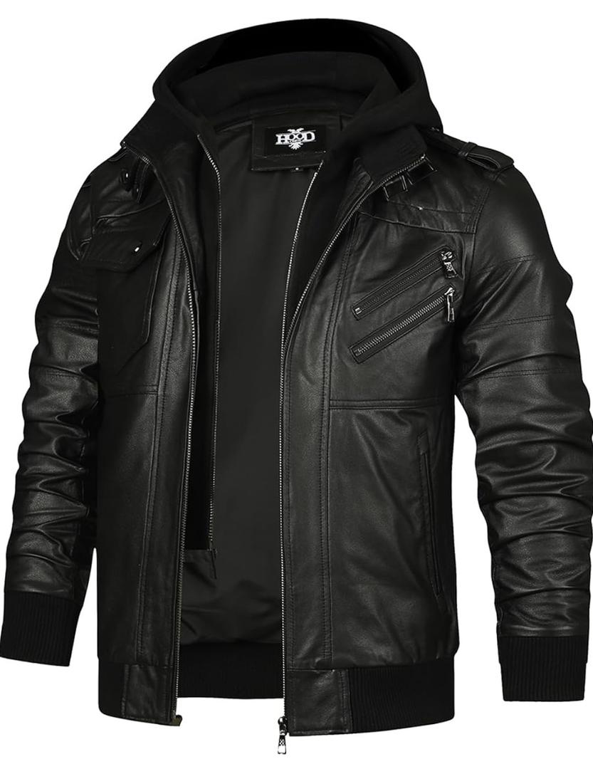 HOOD CREW Men’s Genuine Cowhide Leather Jacket Black Hooded Motorcycle Biker Jacket for Men, XL