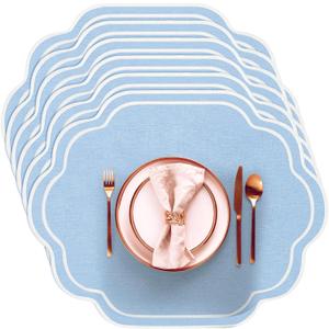 Breling 6 Pcs Wedding Placemats Scalloped Embroidered Cotton Linen Placemats 17" x 13" Double Layered Machine Washable Table Place Mat for Party Table Decor (Light Blue)