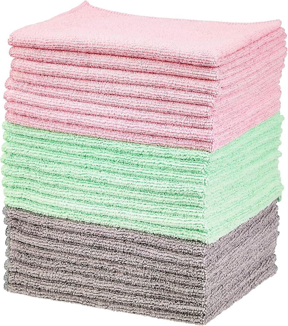 Amazon Basics Microfiber Cleaning Cloths, Ultra-Soft and Highly Absorbent, Streak-Free, Lint-Free, Scratch-Free, Washable, for Car Detailing and Glass Cleaning, 16" x 12", Green/Gray/Pink, 24-Pack