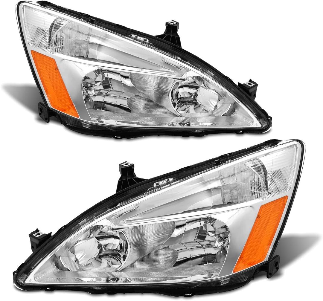 2003 2004 2005 2006 2007 Accord Headlight Assembly for 2003-2007 Honda Accord 2/4dr Clear Lens Chrome Housing with Amber Reflector Headlamp Replacement Left and Right PairW/O Bulbs