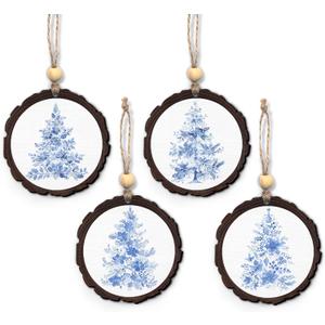 Chinoiserie Christmas Tree Floral Wooden Hanging Ornament, Blue and White Chinoiserie Floral Wooden Ornaments for Christmas Tree, Blue and White Xmas Grand Millenial Decoration, Set of 4