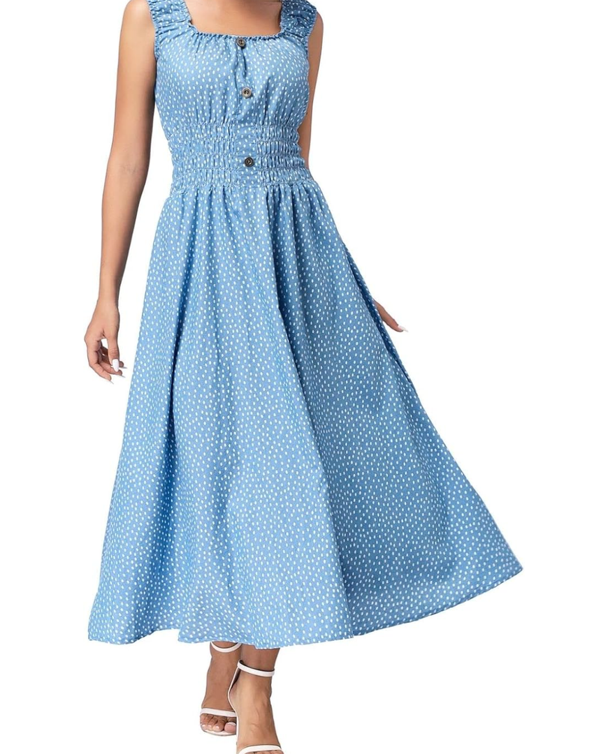 DREFBUFY Women's Maxi Dress Sleeveless Denim Long Summer A-line Casual Blue Cotton Boho Flowy Sundresses for Women Small, Blue01