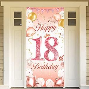 DPKOW Rose Gold 18th Birthday Party Decoration - Banner for Backdrop, Door & Wall; 185 x 90cm Fabric