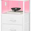 Somdot White Nightstand with Charging Station and LED Light for Bedroom, 2 Drawers Dresser with Fabric Bins for Bedside Kids Dorm Room Closet Laundry Entryway, White Leather