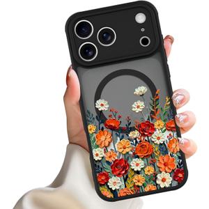 Magnetic Case for iPhone 17 Pro, Compatible with MagSafe,Cute Colorful Floral Pattern for Women Girls, Aesthetic Soft Slim Girly Pattern Phone Case Full Protection TPU, Black