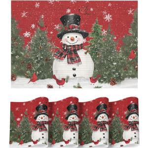 Artoid Mode Snowman Trees Winter Floral Vinyl Placemats Set of 4, Wipeable Red Christmas PVC Woven Table Mats for Party Kitchen Dining Decor, 12x18 Inch