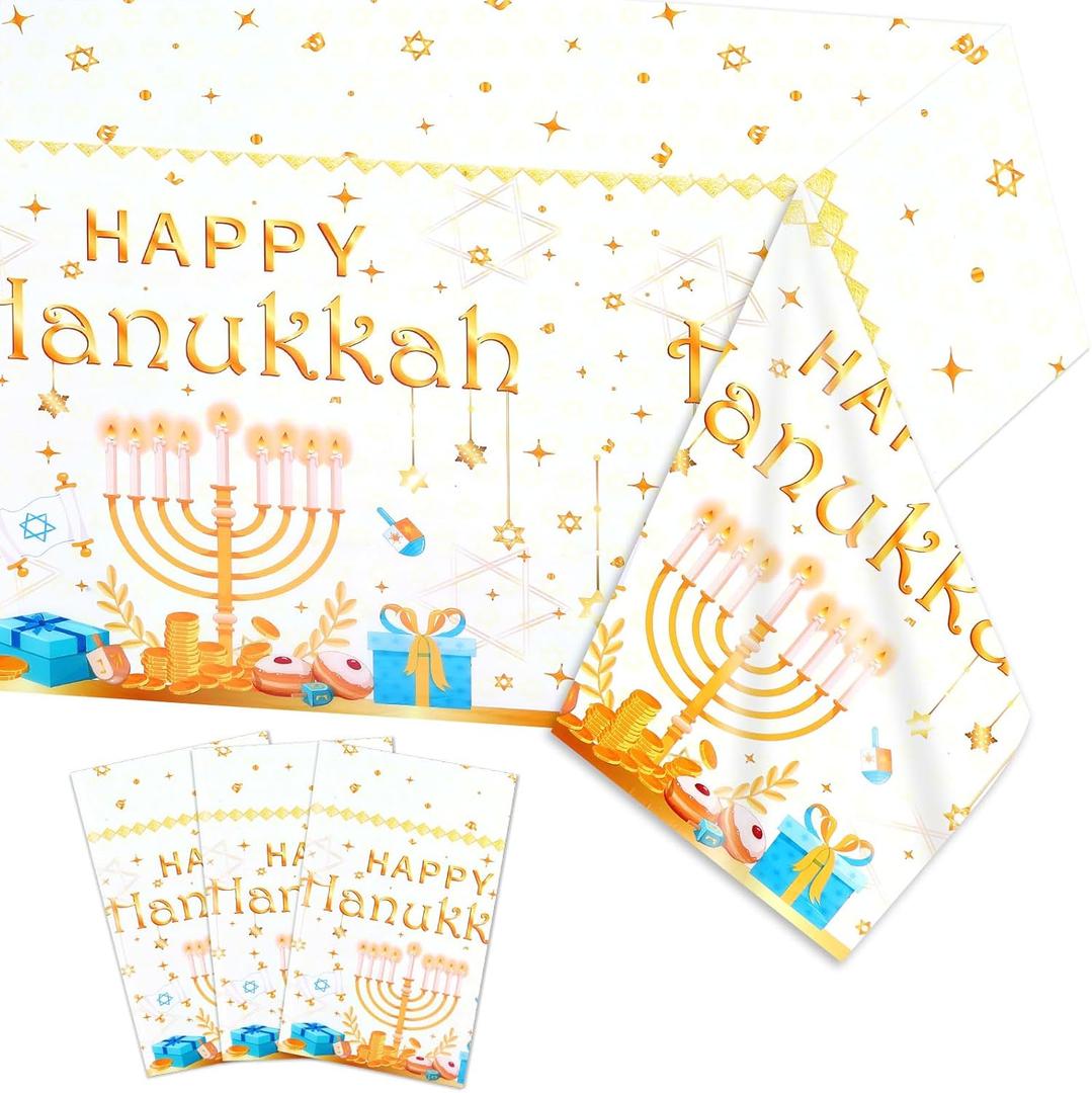 HOWAF 3 Pack Hanukkah Tablecloth Plastic, Jewish Tablecloth, Round Hanukkah Plastic Table Cover Chanukah Table Cloth for Jewish Chanukah Party Supplies, 108 x 54 inch