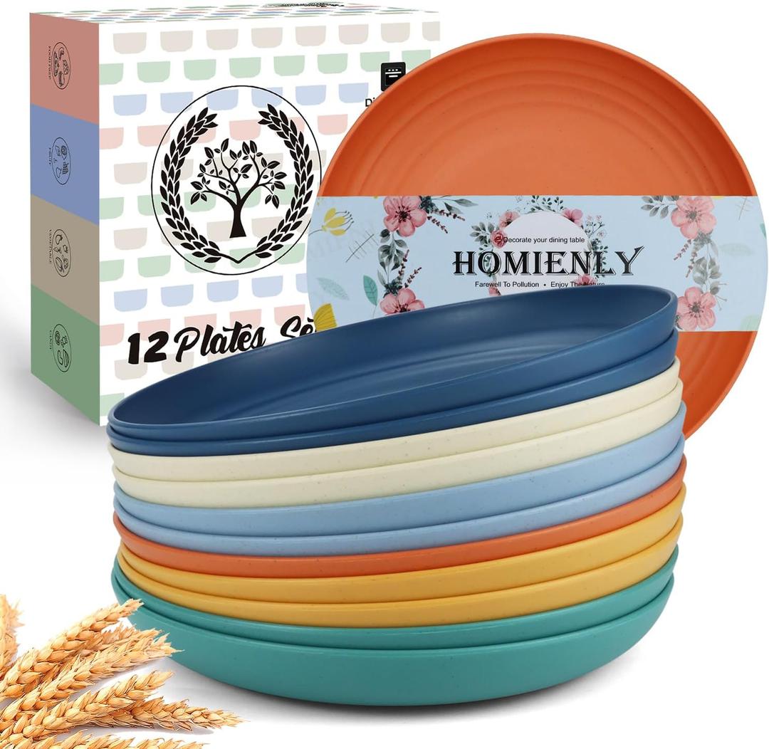 Homienly Wheat Straw Plates, 12-Pieces Unbreakable Dinner Plates - 9 Inch Alternative to Plastic Plates, Unbreakable Microwave and Dishwasher Safe Plate Set for Kitchen, Camping, Party - Multi