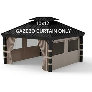 10'x12' Gazebo Curtains Outdoor Waterproof, 4-Panels Privacy Replacement Curtains with Net Windows & Zipper, Universal Sidewall Replacement for Garden, Patio, Backyard (Curtain Only, Brown)