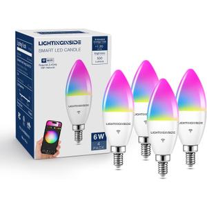 Smart Candelabra LED Bulbs 60 Watt Equivalent, 500LM 6W, E12 LED Bulb Compatible with Alexa/Google Assistant/Smart Life, RGBCW Candle, No Hub Required, 2.4G WiFi Only, ETL Listed, 4PCS
