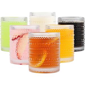 Vintage Glassware Drinking Glasses Set of 6,12 oz Hobnail Glass Cups,Embossed Clear Water Tumbler,for Beer,Cocktail,Whiskey,Juice and Various Mixed Drinks- 1 Cleaning Brush