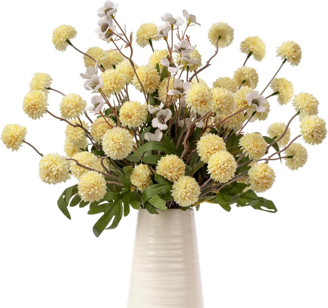 Fake Flowers for Vase, Silk Pompon Mums Artificial Flowers, Faux Chrysanthemum Fall Long Stems Floral Arrangements for Centerpieces Wedding Home Boho Decor, 8pcs & 2pcs Daisy, Yellow