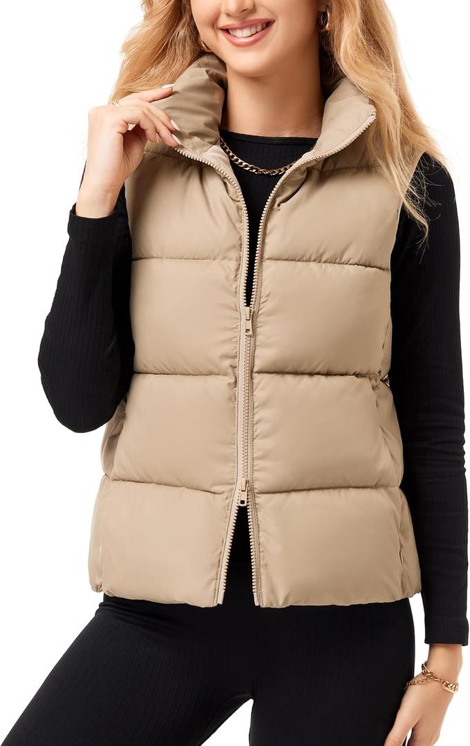 Fuinloth Women's Lightweight Puffer Vest, Water Repellent, 4 Pockets, Double Slider Zipper, Elastic Hem for Fall & Winter (Beige, M)