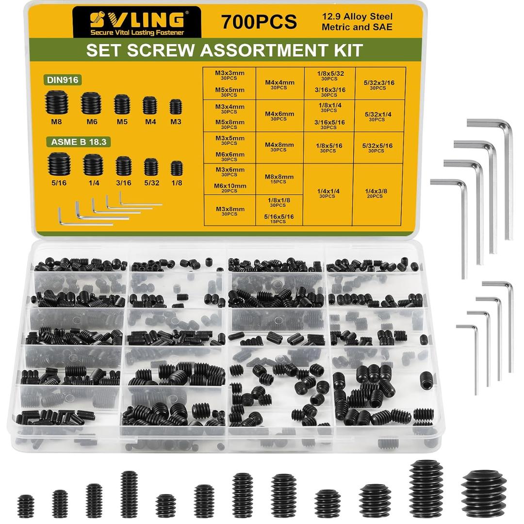Set Screw Assortment Kit 700PCS, 25 Sizes Metric and SAE Set Screws M3 M4 M5 M6 M8 1/8" 5/32" 3/16" 1/4" 5/16" Socket Screw Kit 12.9 Alloy Steel for Bathroom Fixtures Door Handles