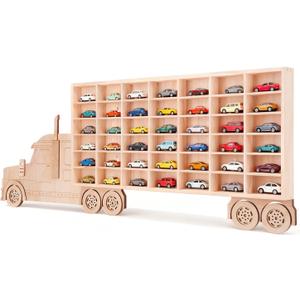 3D Wooden Toy Cars Display, Wall-Mounted for 42 Toy Cars, 1/64 Scale Model Car Organizer with Unique Patchwork Design, 82.7" H X 18.9" W X 12.6" D