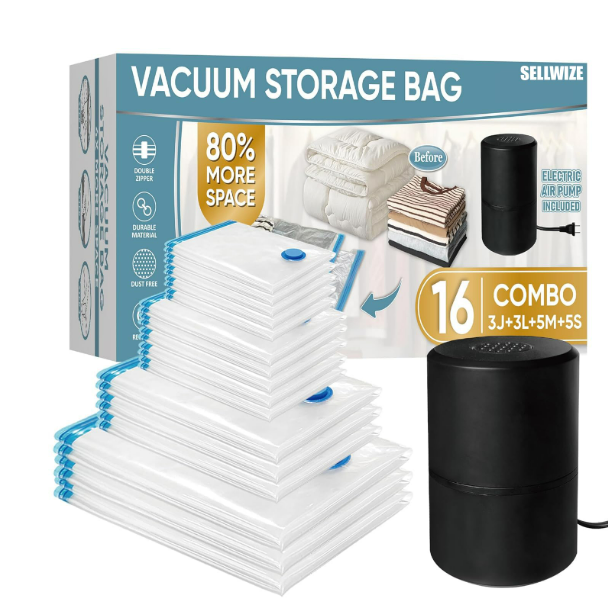 MattEasy Vacuum Storage Bags with Electric Pump, 16 Pack (3 Jumbo/ 3 Large/ 5 Medium/ 5 Small), Space Saver Bags with Pump, Storage Vacuum Sealed Bags for Clothes, Comforters, Blankets, Bedding