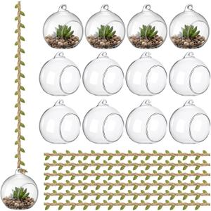 GlikCeil 13 Pcs 3.15'' Hanging Glass Candle Holder with Burlap Leaf Ribbon, Glass Orbs Air Plants Tea Light Candle Holders, Globe Plant Terrariums for Decor Indoor Outdoor Garden DIY (Clear)